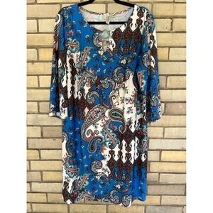 Tacera Blue Paisley 3/4 Sleeve Keyhole‎ Shift Dress Jersey Stretch Knit Size 1X